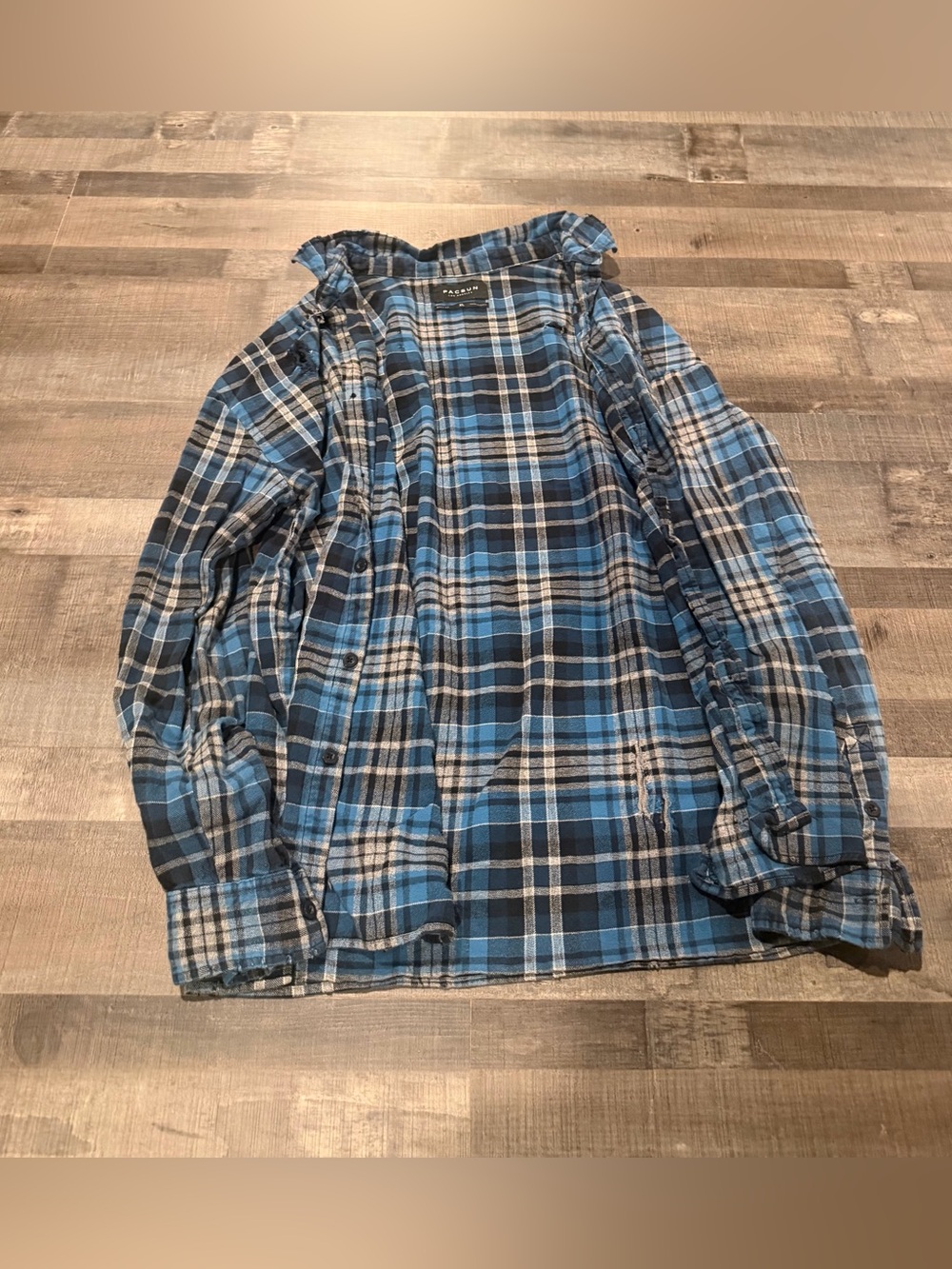 PacSun Blue Black Plaid Men's Casual Button-Down Shirt Distressed